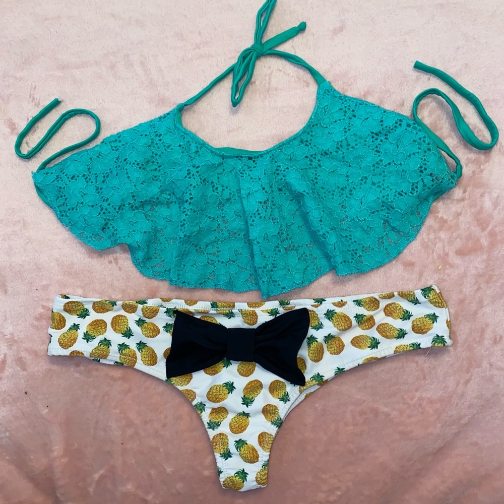 Teal Lace Bikini Top with Pineapple Print Bottoms - Size Small